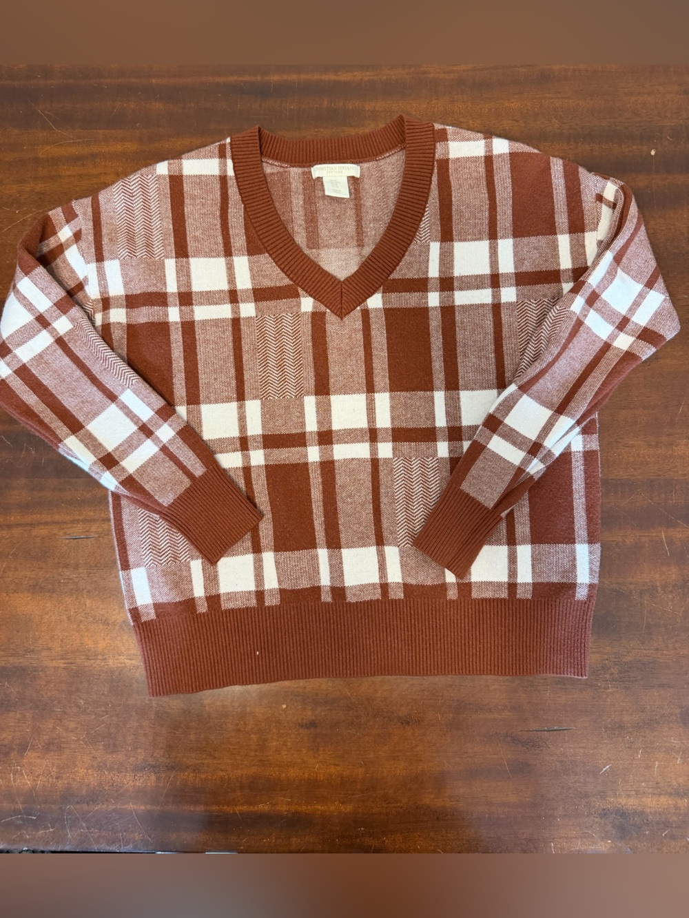 Christian Siriano Rust and Cream Plaid V-Neck Pullover